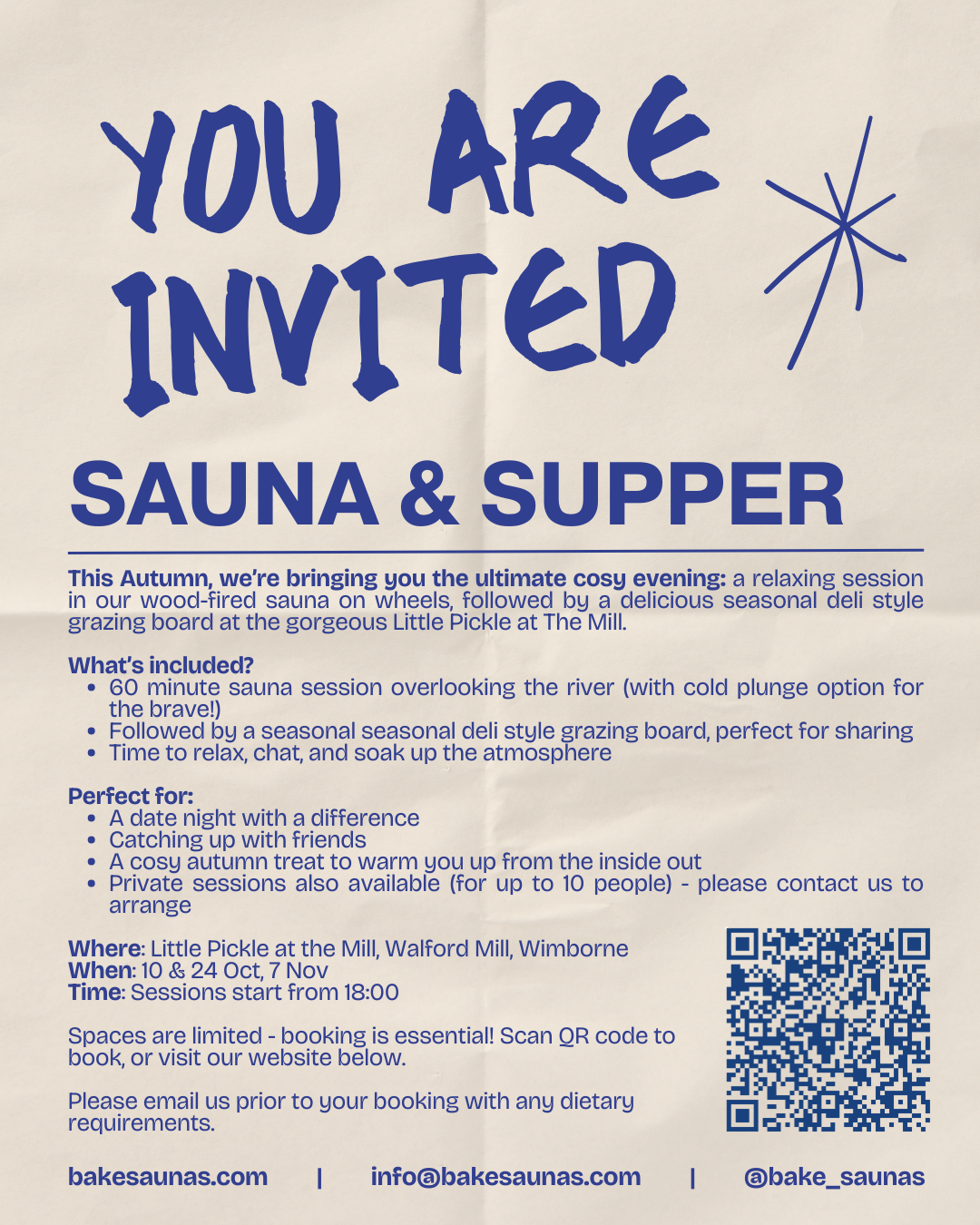 Invitation to a sauna and supper event with text and QR code on a beige background